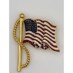 American Flag Brooch Gold Tone Red White Blue Patriotic